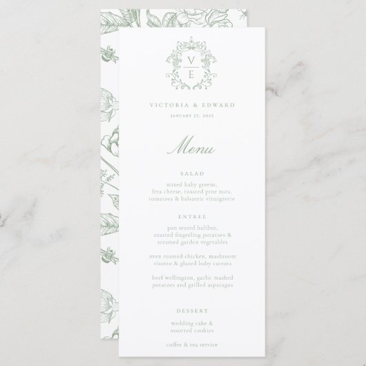 Sage Green Crest Monogram Wedding Menu (Voorkant / Achterkant)