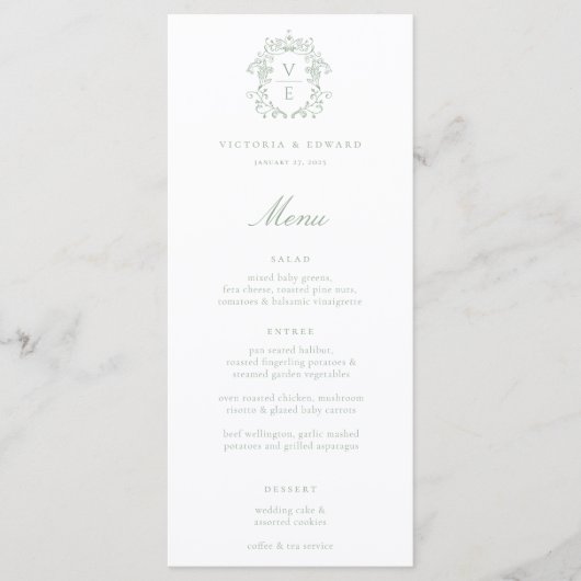 Sage Green Crest Monogram Wedding Menu (Voorkant)