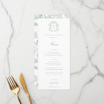 Sage Green Crest Monogram Wedding Menu<br><div class="desc">Sage Green Crest monogram,  trouwmenu.  geïnspireerde barokstijl krest met het coördineren van sage typografie. Kenmerken,  elegante Chinoiserie Style tuindrager met floreel patroon.</div>