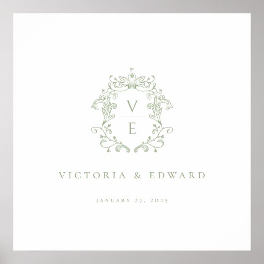 Sage Green Crest Monogram Wedding Poster (Voorkant)