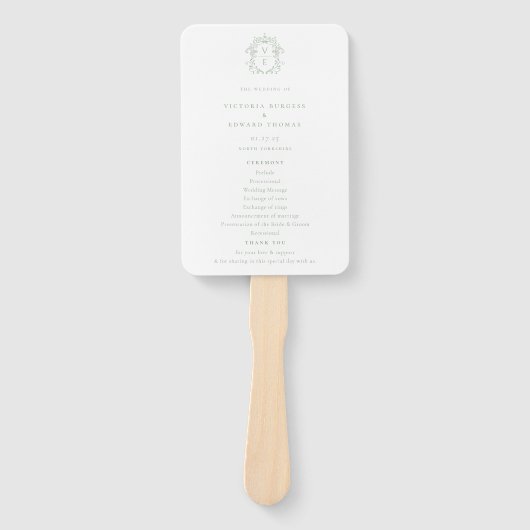 Sage Green Crest Monogram Wedding Programme Handwaaier (Voorkant)