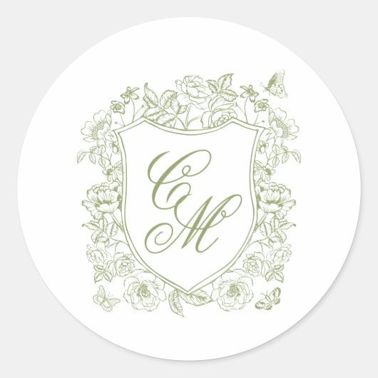 Sage Green Crest Wedding Round Sticker (Voorkant)