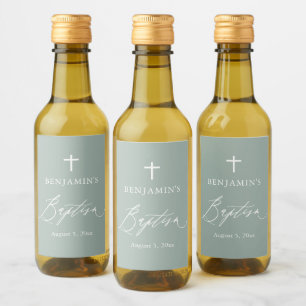 Sage Green Cross Boy Baptism Mini Wine Label Wijn Etiket