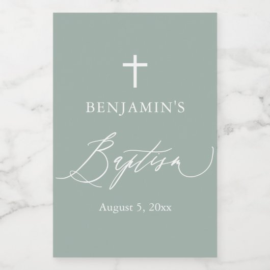 Sage Green Cross Boy Baptism Mini Wine Label Wijn Etiket (Enkel label)