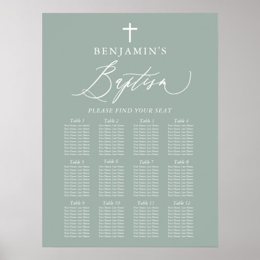 Sage Green Cross Boy Baptism Separation Chart Sign Poster (Voorkant)