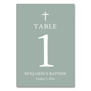 Sage Green Cross Boy Baptism Table Number Kaart