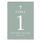 Sage Green Cross Boy Baptism Table Number Kaart (Achterkant)