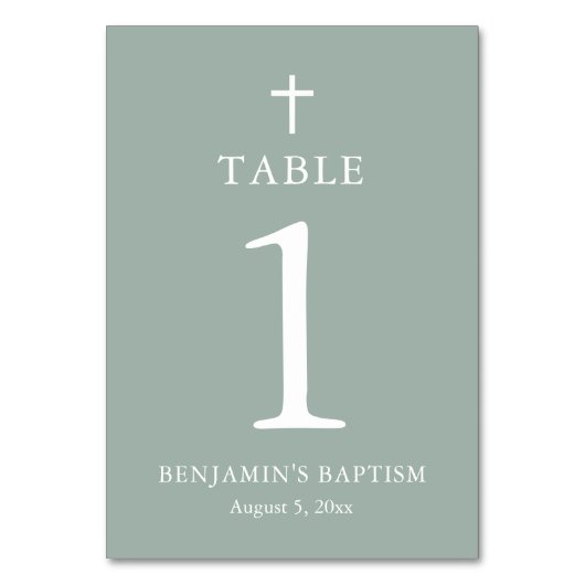 Sage Green Cross Boy Baptism Table Number Kaart (Achterkant)