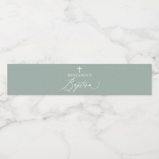 Sage Green Cross Boy Baptisme Water Flaceletiket Waterfles Etiket (Enkel label)