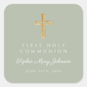 Sage Green Cross Boy Eerste Communie Vierkante Sticker (Voorkant)