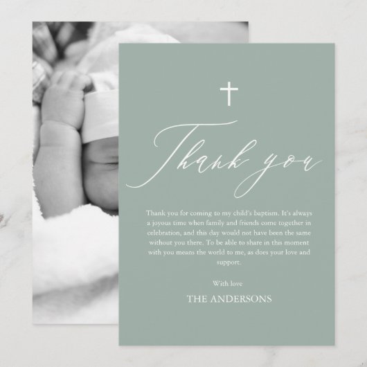Sage Green Cross Boy Foto Baptisme Hartelijk dank Kaart (Voorkant / Achterkant)