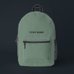 Sage Green Custom Name Backpack Bedrukte Rugzak<br><div class="desc">Easily personalize this simple and cool backpack adding your name or custom text. A cool and modern design in organic sage green featuring clear sans serif font, for a modern, professional and edgy look, perfect as custom gift for college students, high school, kids. The backpack can be customized in any...</div>