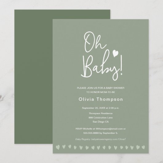 Sage Green Custom OH Baby shower Genderneutraal Kaart (Voorkant / Achterkant)