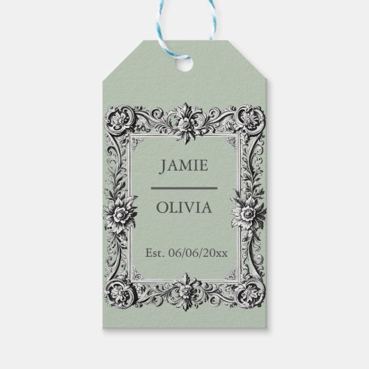 sage green Custom Victorian Scroll Frame – wedding Cadeaulabel (Voorkant)