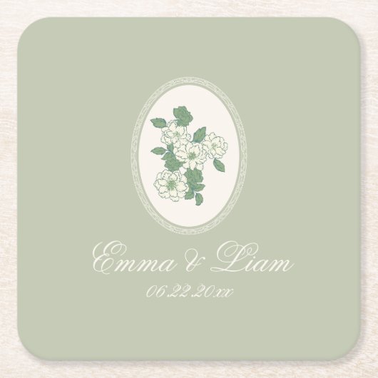 Sage Green Custom Wedding Paper Coasters Kartonnen Onderzetters (Voorkant)