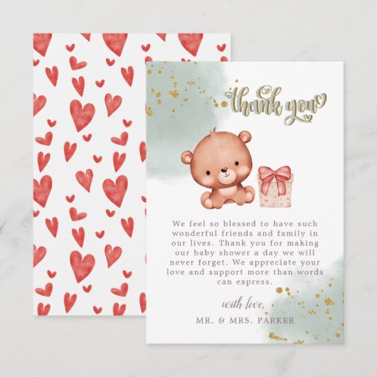 Sage Green Cute Beer Waterverf Heart Baby shower Bedankkaart (Voorkant / Achterkant)