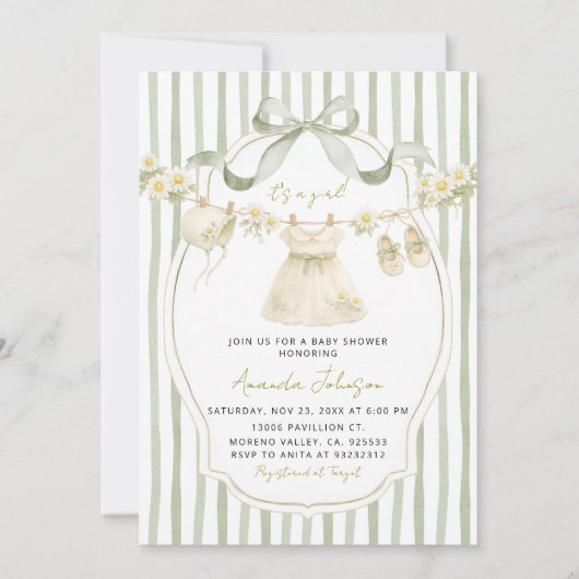 Sage Green Daisy Clothesline Baby Shower Invite Kaart (Voorkant)