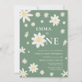 Sage Green Daisy Eerste 1e Verjaardag uitnodiging  (Voorkant)