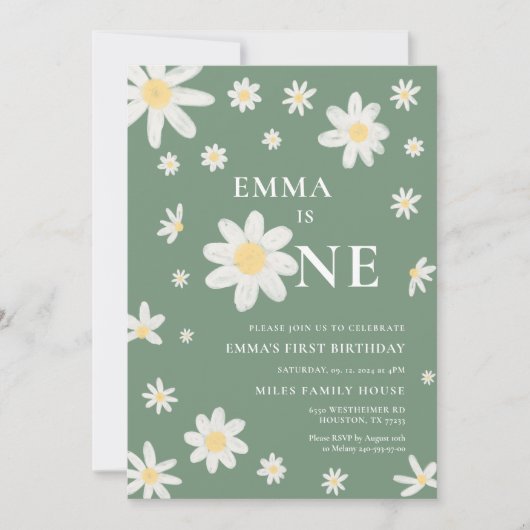 Sage Green Daisy Eerste 1e Verjaardag uitnodiging  (Voorkant)
