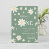 Sage Green Daisy Eerste 1e Verjaardag uitnodiging  (Staand voorkant)