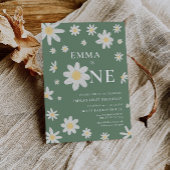 Sage Green Daisy Eerste 1e Verjaardag uitnodiging 