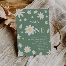 Sage Green Daisy Eerste 1e Verjaardag uitnodiging 