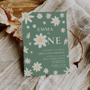 Sage Green Daisy Eerste 1e Verjaardag uitnodiging