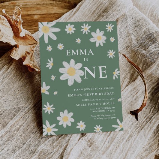 Sage Green Daisy Eerste 1e Verjaardag uitnodiging
