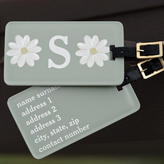 Sage Green Daisy Monogrammed Bagagelabel