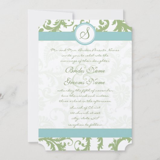 Sage Green Damask en Aqua Damask Wedding Invite Kaart (Voorkant)