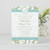 Sage Green Damask en Aqua Damask Wedding Invite Kaart (Staand voorkant)