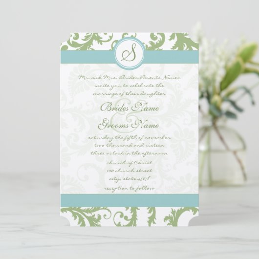 Sage Green Damask en Aqua Damask Wedding Invite Kaart (Staand voorkant)