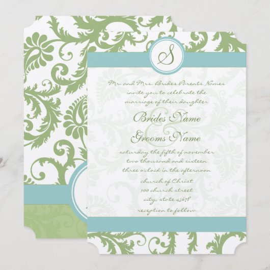 Sage Green Damask en Aqua Damask Wedding Invite Kaart (Voorkant / Achterkant)