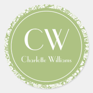 Sage Green Damask Monogram Ronde Sticker