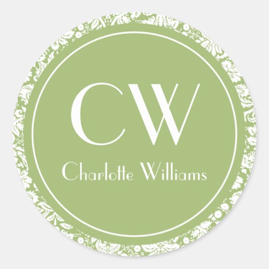 Sage Green Damask Monogram Ronde Sticker (Voorkant)