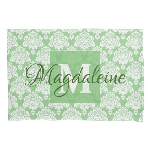 Sage Green Damask Pillow Hoesje met Monogram Kussensloop (Voorkant)