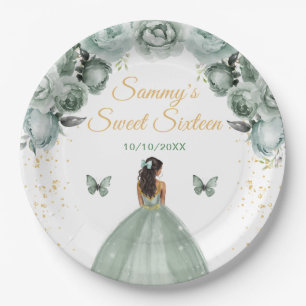 Sage Green Dark Skin Princess Sweet Sixteen Papieren Bordje