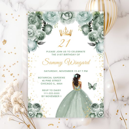 Sage Green Dark Skin Prinses Verjaardagsfeestje Kaart