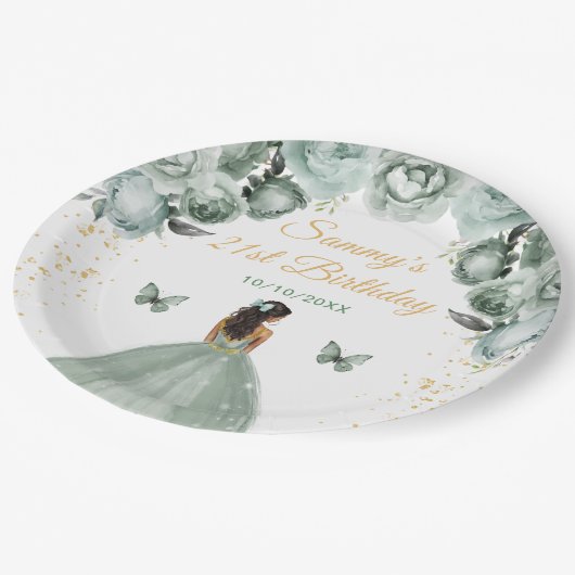 Sage Green Dark Skin Prinses Verjaardagsfeestje Papieren Bordje (Gekanteld)