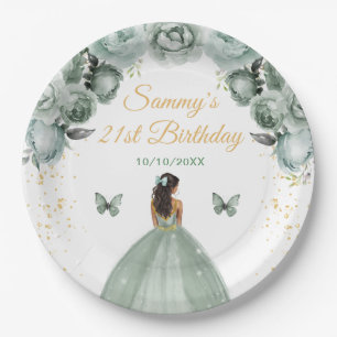 Sage Green Dark Skin Prinses Verjaardagsfeestje Papieren Bordje