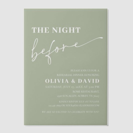 Sage Green de avond voor repetitie diner Vellum Uitnodigingen (Voorkant)