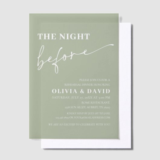 Sage Green de avond voor repetitie diner Vellum Uitnodigingen (Offset)