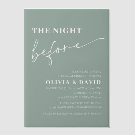 Sage Green de avond voor repetitie diner Vellum Uitnodigingen (Voorkant)