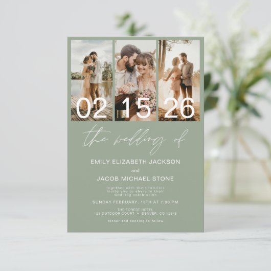 Sage Green De bruiloft van foto QR-code Elegant Kaart (Staand voorkant)