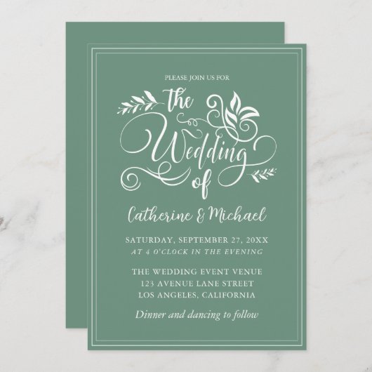 Sage Green Decorative Wedding Calligraphy Kaart (Voorkant / Achterkant)