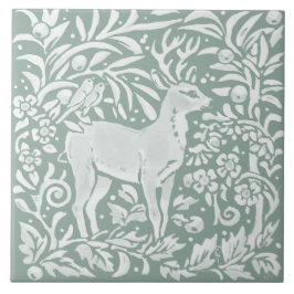 Sage Green Deer Woodland Forest William Morris Tegeltje