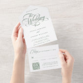 Sage Green Delicate Elegant Script Wedding All In One Uitnodiging (Afscheurbaar)