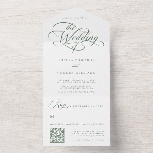 Sage Green Delicate Elegant Script Wedding All In One Uitnodiging (Binnen)
