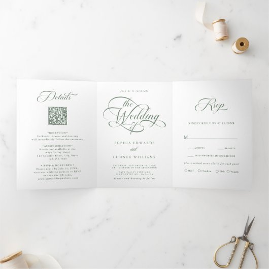 Sage Green Delicate Elegant Script Wedding Drieluik Uitnodiging (Binnen)