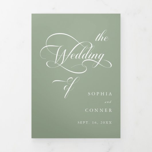 Sage Green Delicate Elegant Script Wedding Drieluik Uitnodiging (Cover)